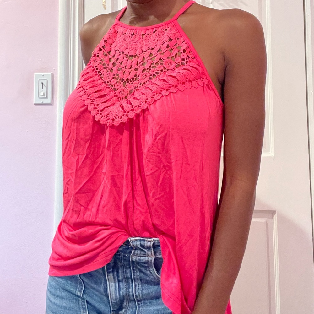 Bright pink summer halter spaghetti strap lace flowy tank